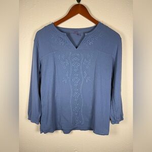 Fresh Produce Blue 100% Cotton Embroidered Top 3/4 Sleeves Boho Cottagecore XS